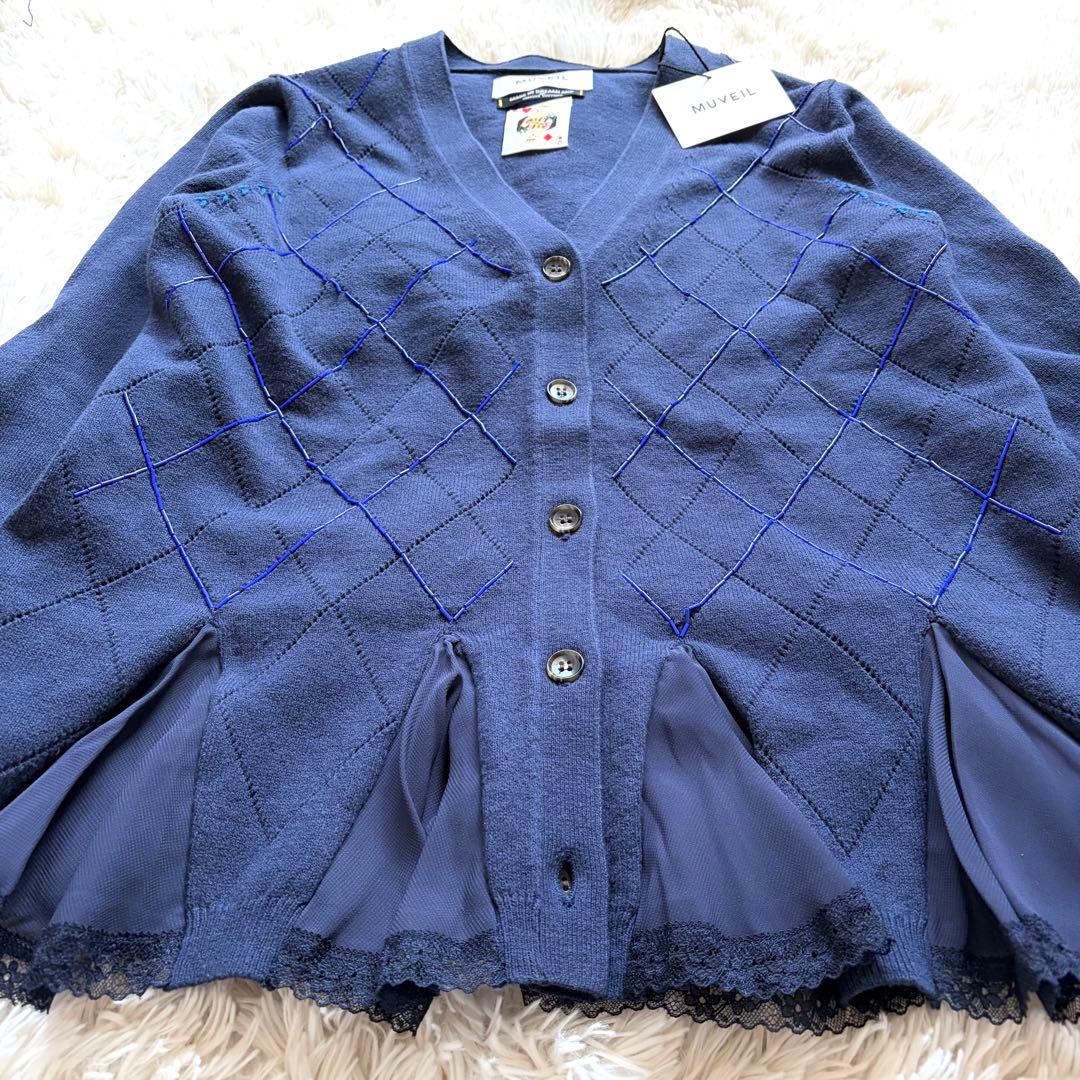 未使用 ミュベール 刺繍 アーガイル ニット レース カーディガン ネイビー