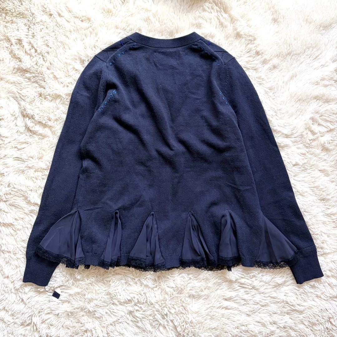 未使用 ミュベール 刺繍 アーガイル ニット レース カーディガン ネイビー