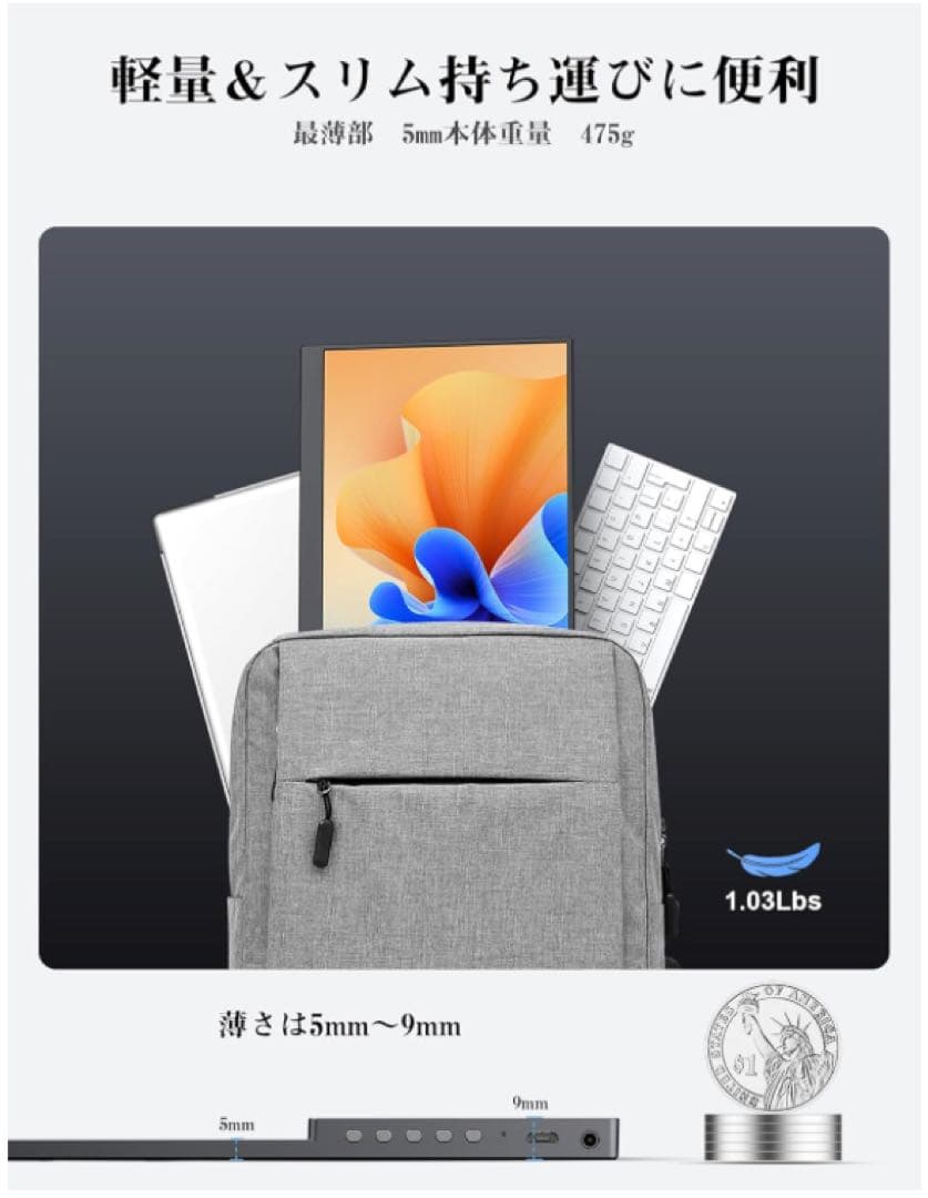 軽量スリム モバイルモニター 14インチ 2K解像度 モバイルディスプレイ