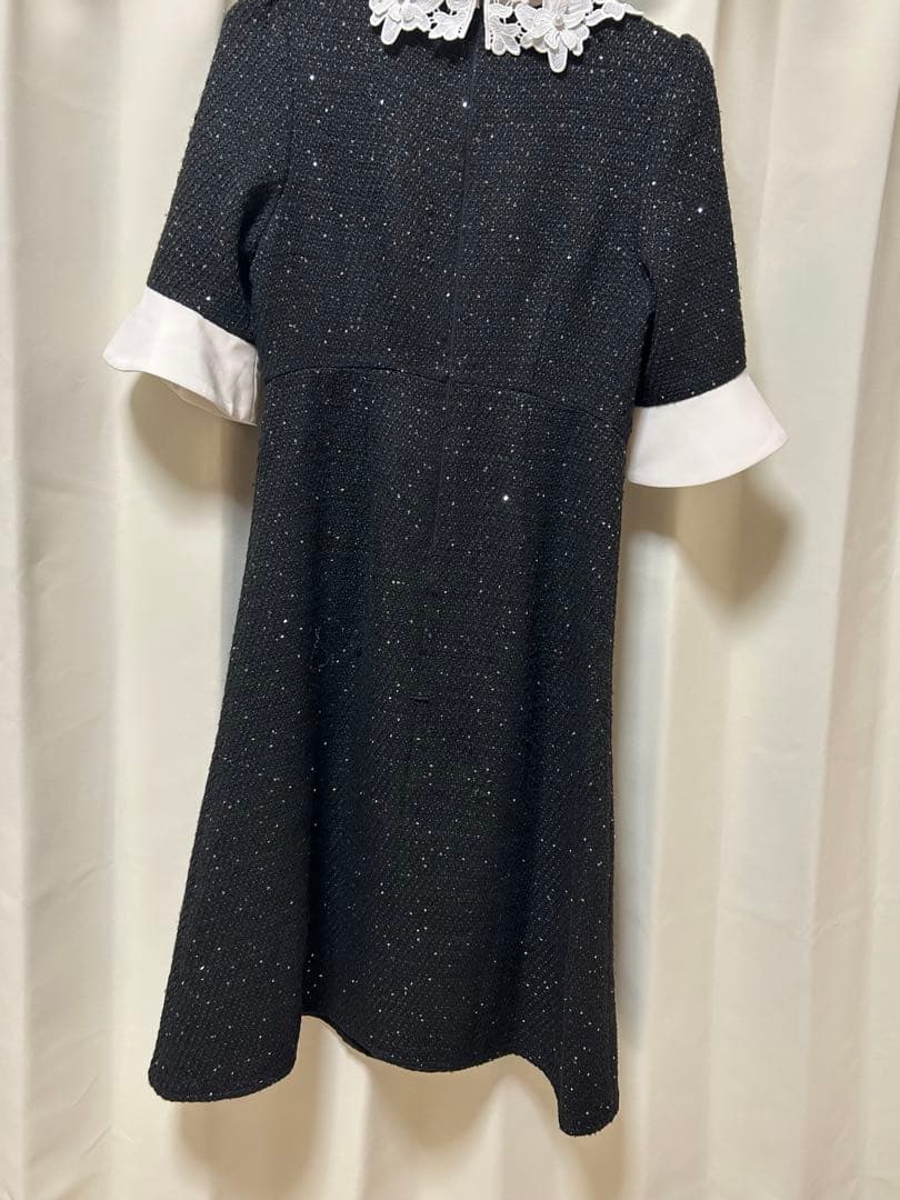 【LEJA】花柄レースカラースパンコール刺繍Aラインフレアドレスワンピース