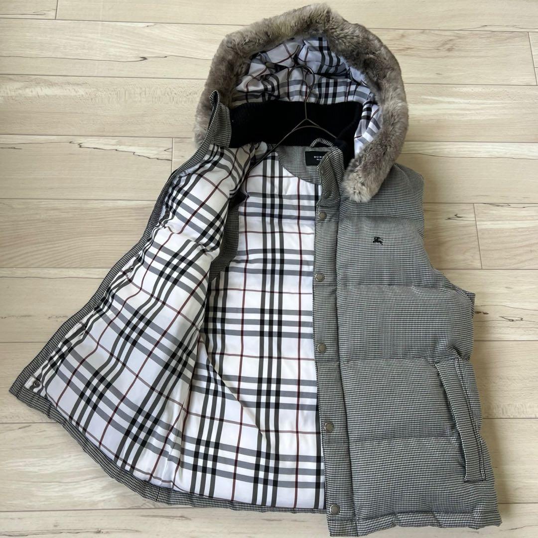 バーバリーブラックレーベル 千鳥 フード リアルファー ダウン ベスト L