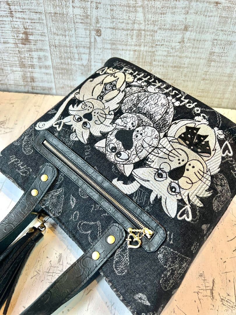 ロラライハリス♡ブラック英字デニム生地♡刺繍の楕円底バッグ♡長財布セット♡