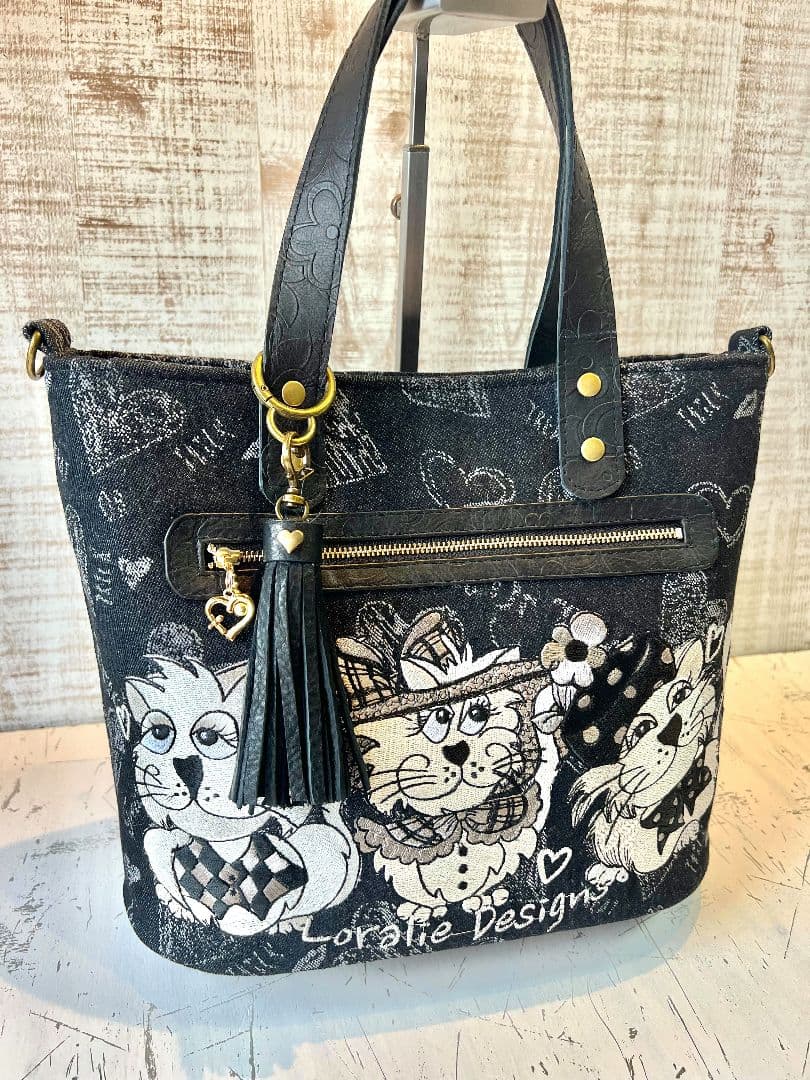 ロラライハリス♡ブラック英字デニム生地♡刺繍の楕円底バッグ♡長財布セット♡