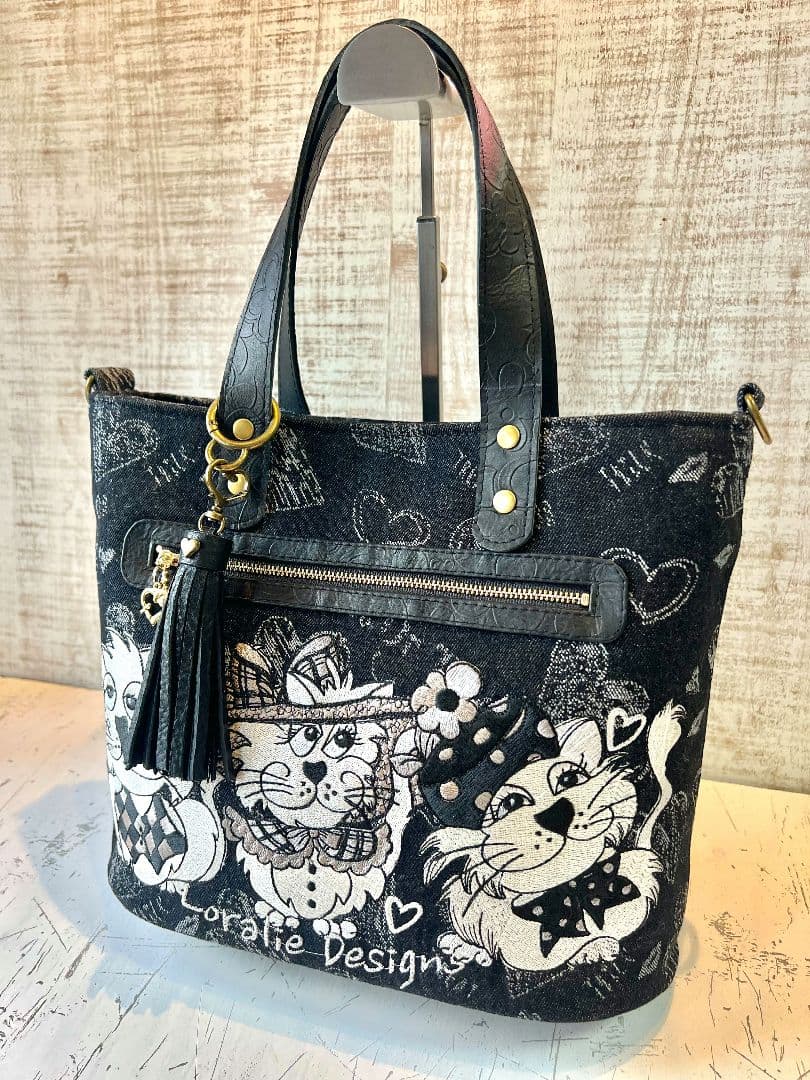 ロラライハリス♡ブラック英字デニム生地♡刺繍の楕円底バッグ♡長財布セット♡