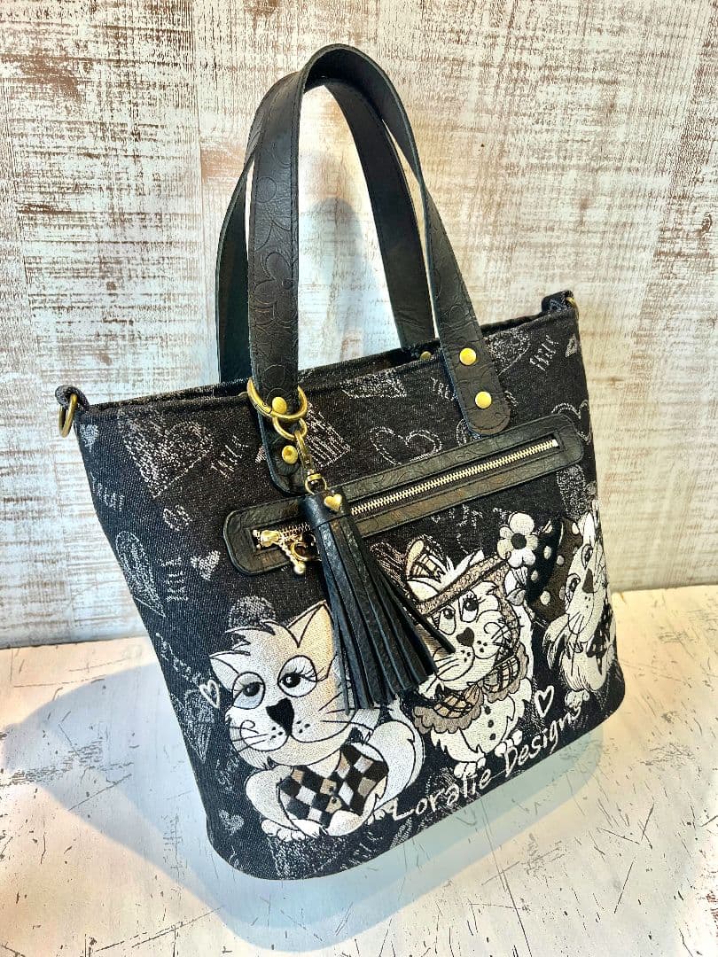 ロラライハリス♡ブラック英字デニム生地♡刺繍の楕円底バッグ♡長財布セット♡