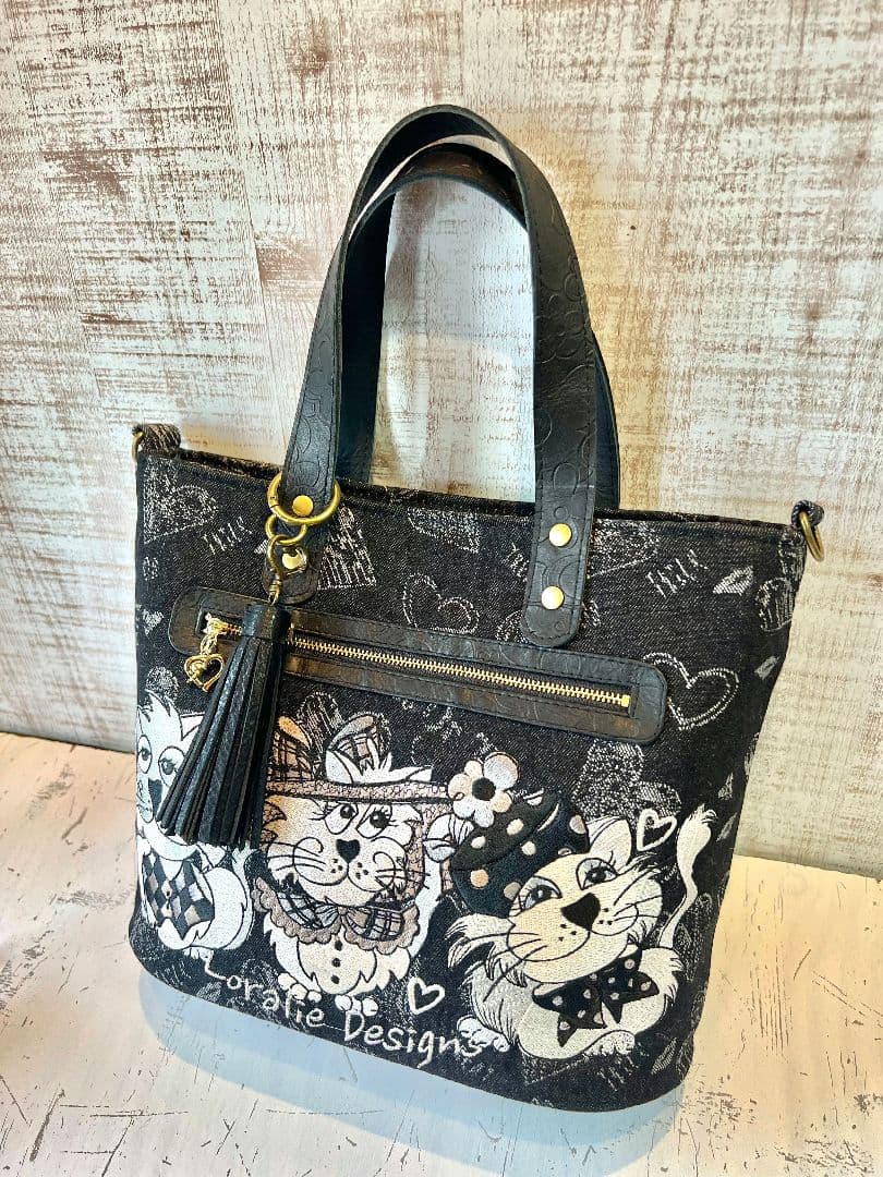 ロラライハリス♡ブラック英字デニム生地♡刺繍の楕円底バッグ♡長財布セット♡