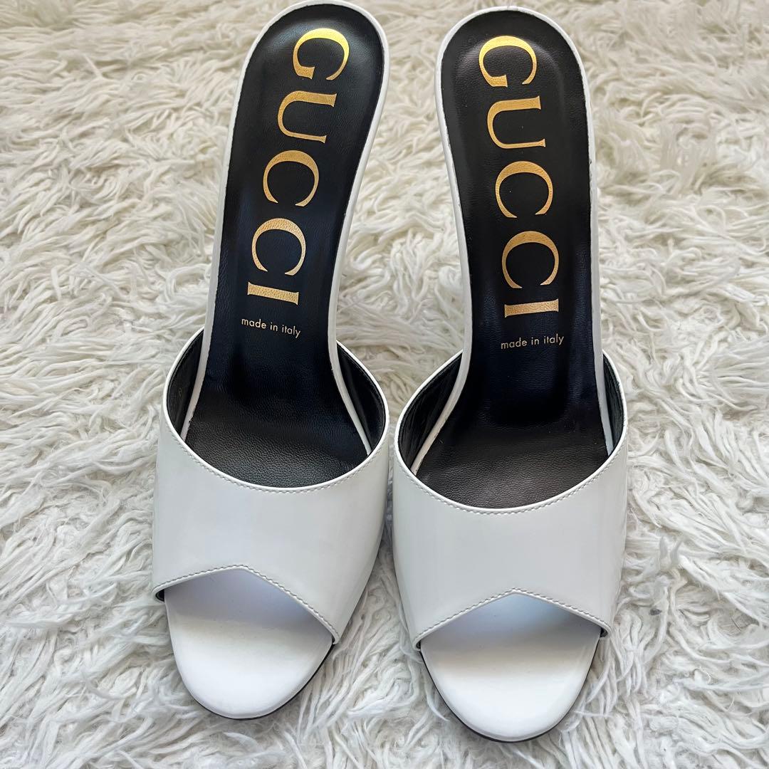 美品　グッチ ミュール サンダル オープントゥ白 ピンヒール 39 イタリア