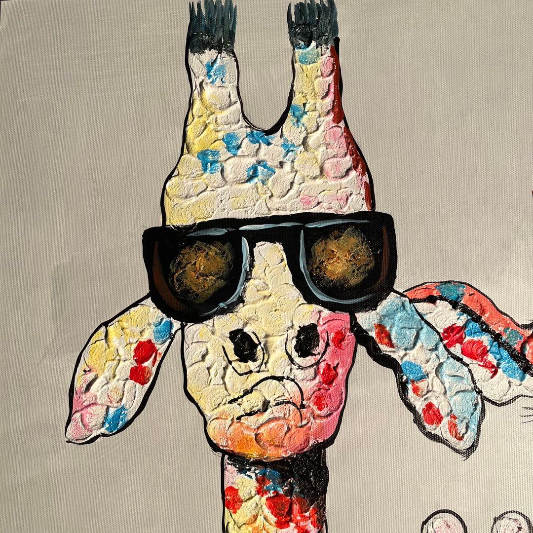 手書き油絵 キリンファミリー 額付 絵画 インテリア 油彩画