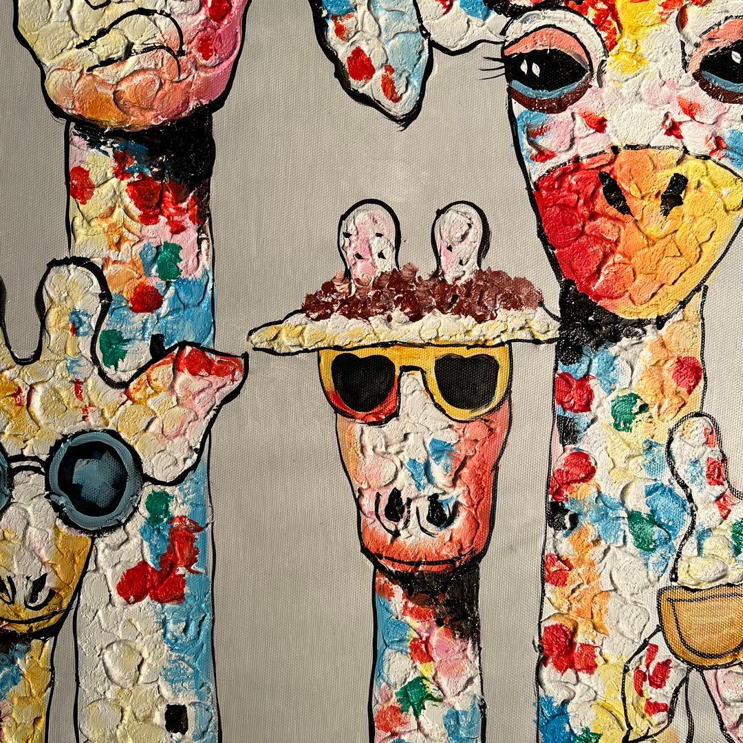 手書き油絵 キリンファミリー 額付 絵画 インテリア 油彩画