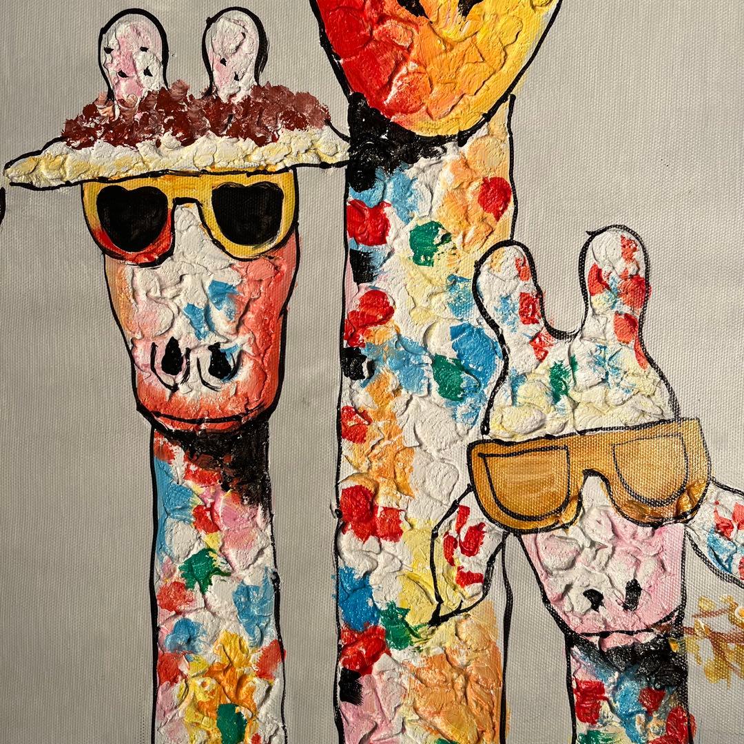 手書き油絵 キリンファミリー 額付 絵画 インテリア 油彩画