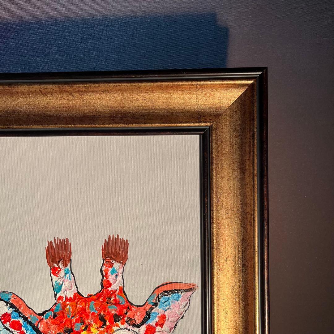 手書き油絵 キリンファミリー 額付 絵画 インテリア 油彩画