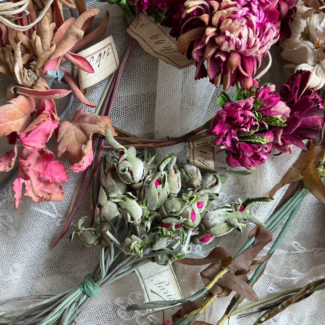 専用　フランスアンティーク　帽子飾り　枯れた布花　紙ラベル付　ブーケ　ブロカント