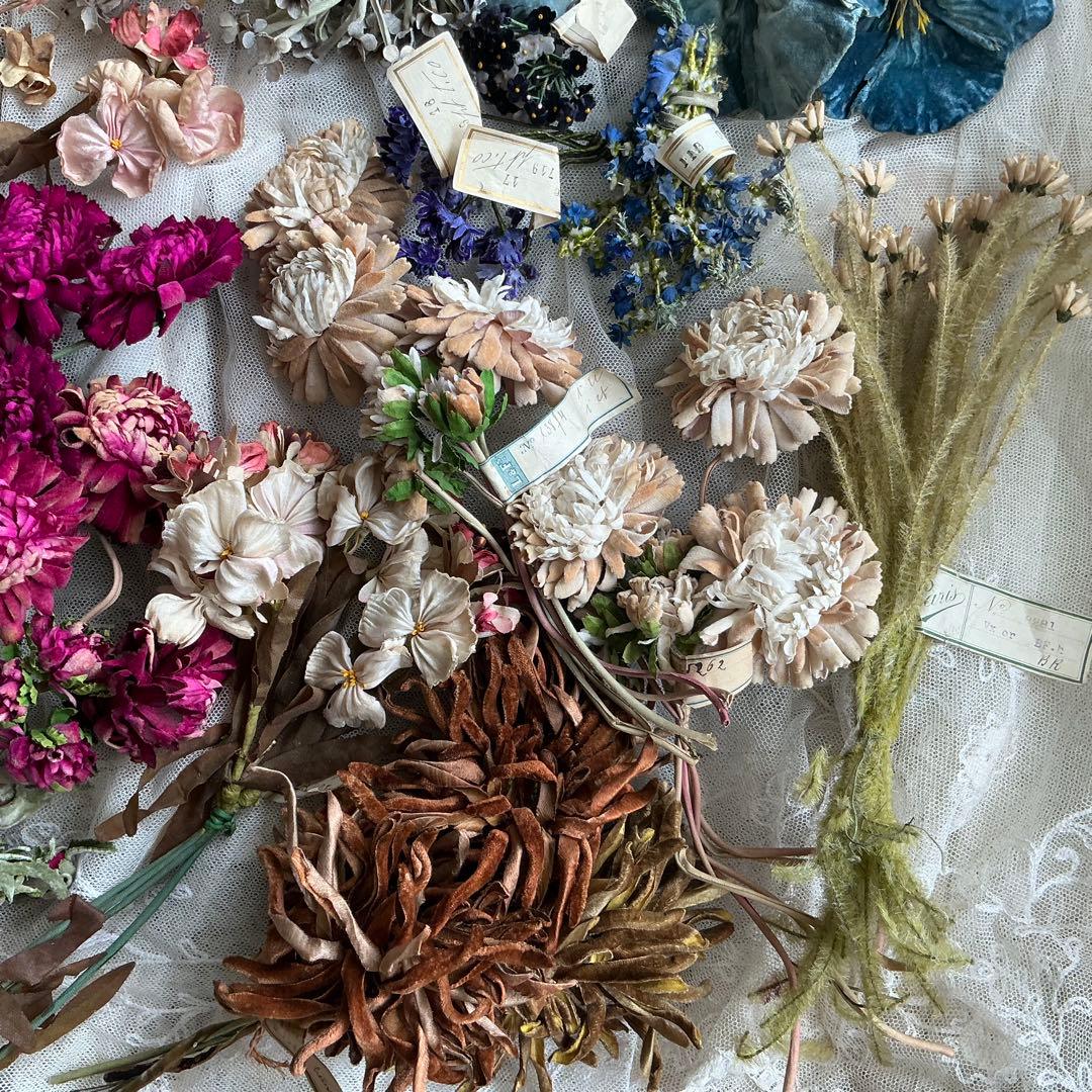 専用　フランスアンティーク　帽子飾り　枯れた布花　紙ラベル付　ブーケ　ブロカント