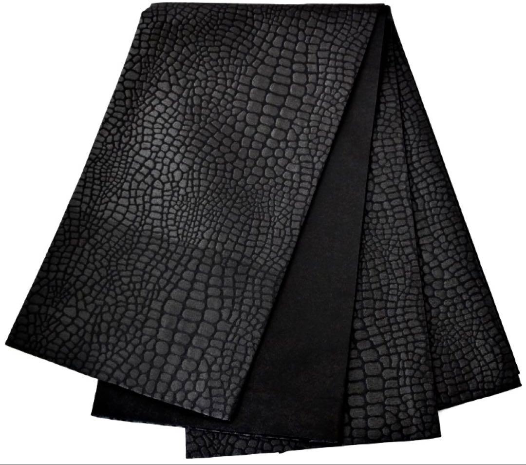 お仕立て上がり 振袖用 クロコ風 型押し柄 袋帯 日本製 ブラック　黒と白