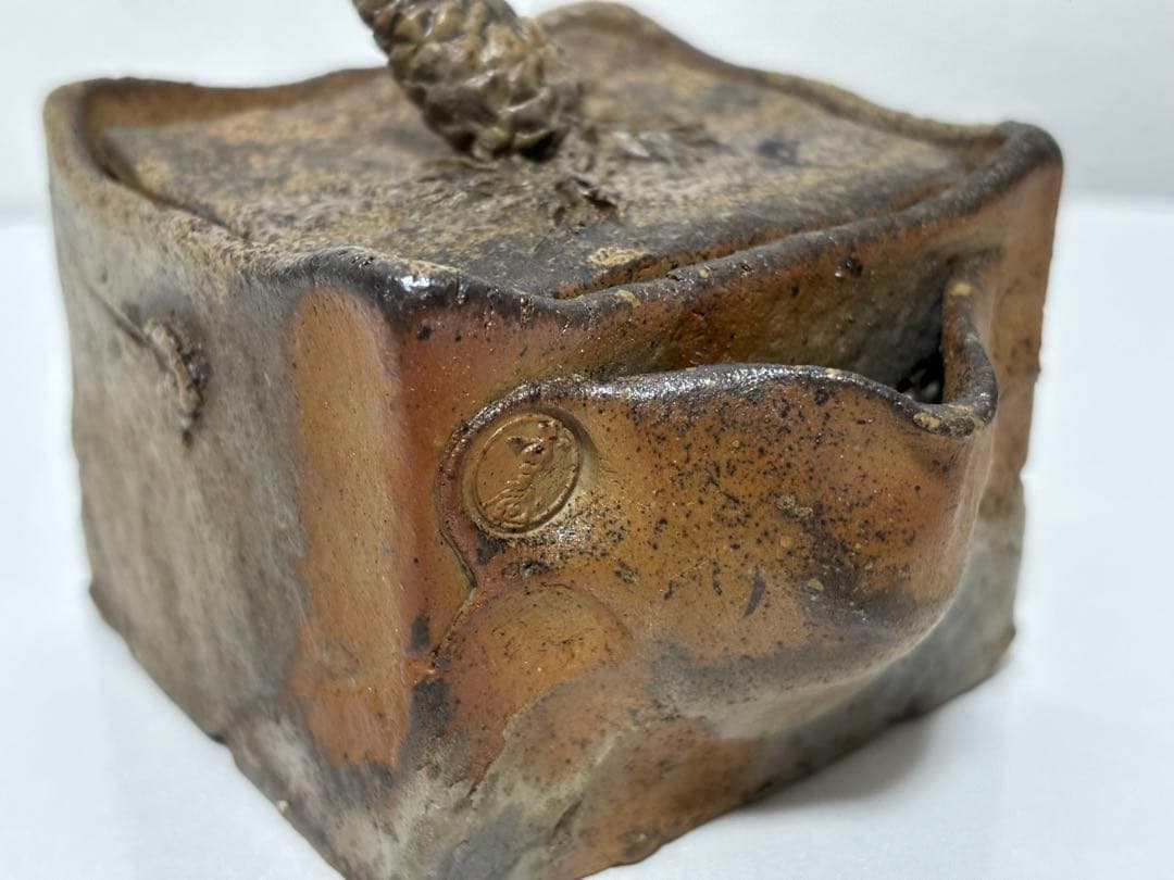 ⑰備前焼 宝瓶 登り窯 松 まつ 4角 手びねり 急須