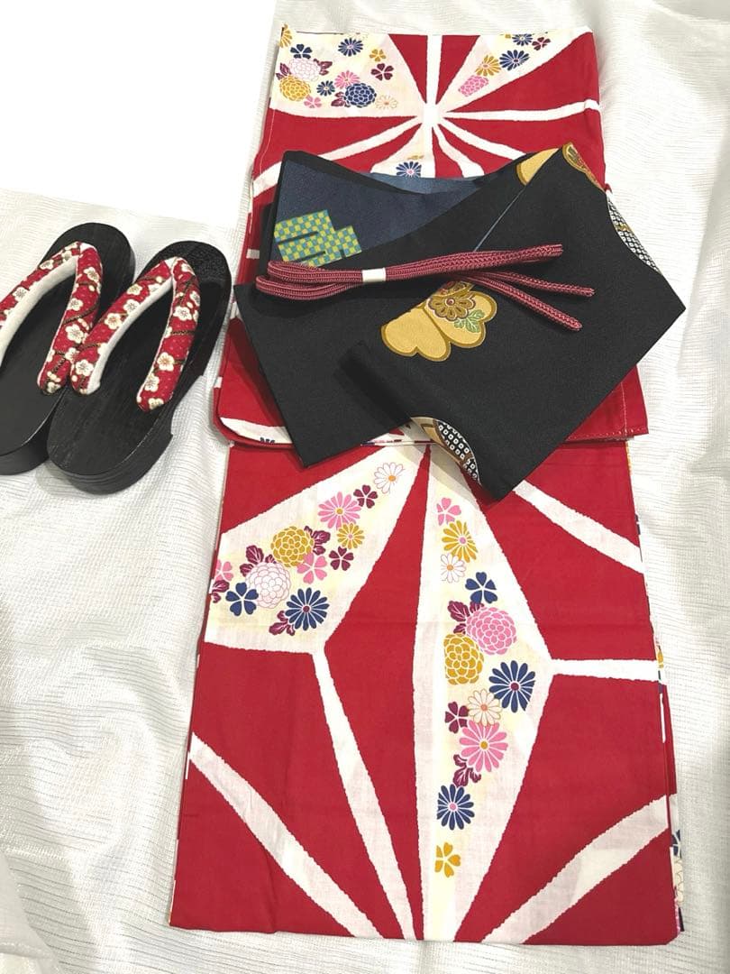 限定1☆浴衣 大正ロマン アンティーク 浴衣 麻の葉　猫 赤 白 黒猫