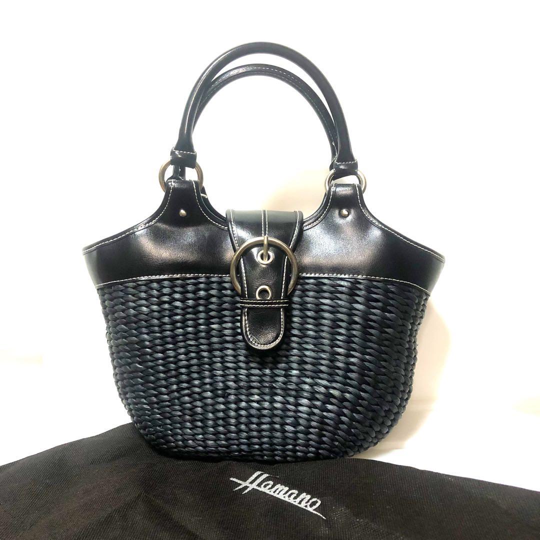 【未使用級　皇室御用達】濱野 ハンドバッグ 籠バッグ レザー×編み込み ブラック