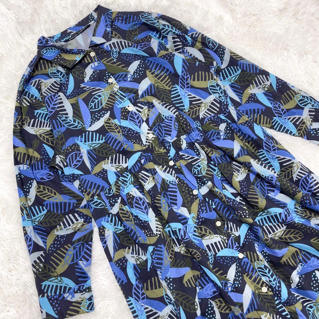 みなとのてんらんかい　総柄 シャツロングワンピース ボタニカル柄