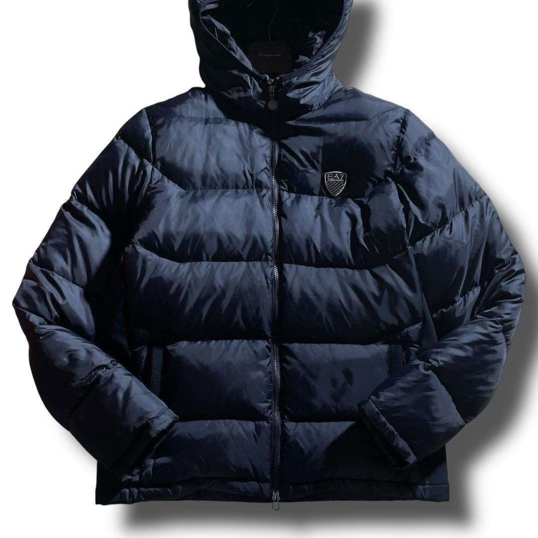 極美品/XL】EA7 エンポリオアルマーニ ダウンジャケット フード付 ネイビー
