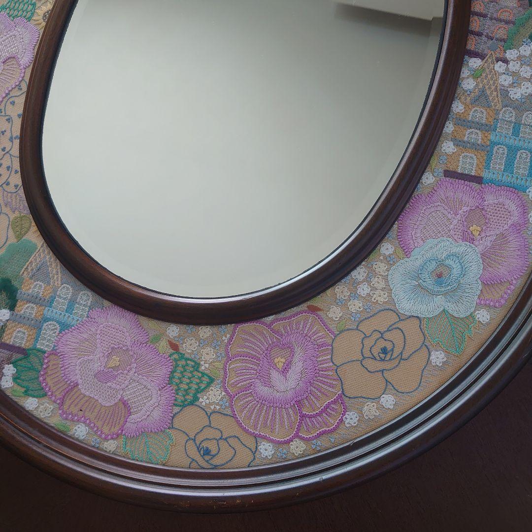 フランス雑貨　鏡　花　刺繍　レース　大型ミラー　木製フレーム　オーバル型