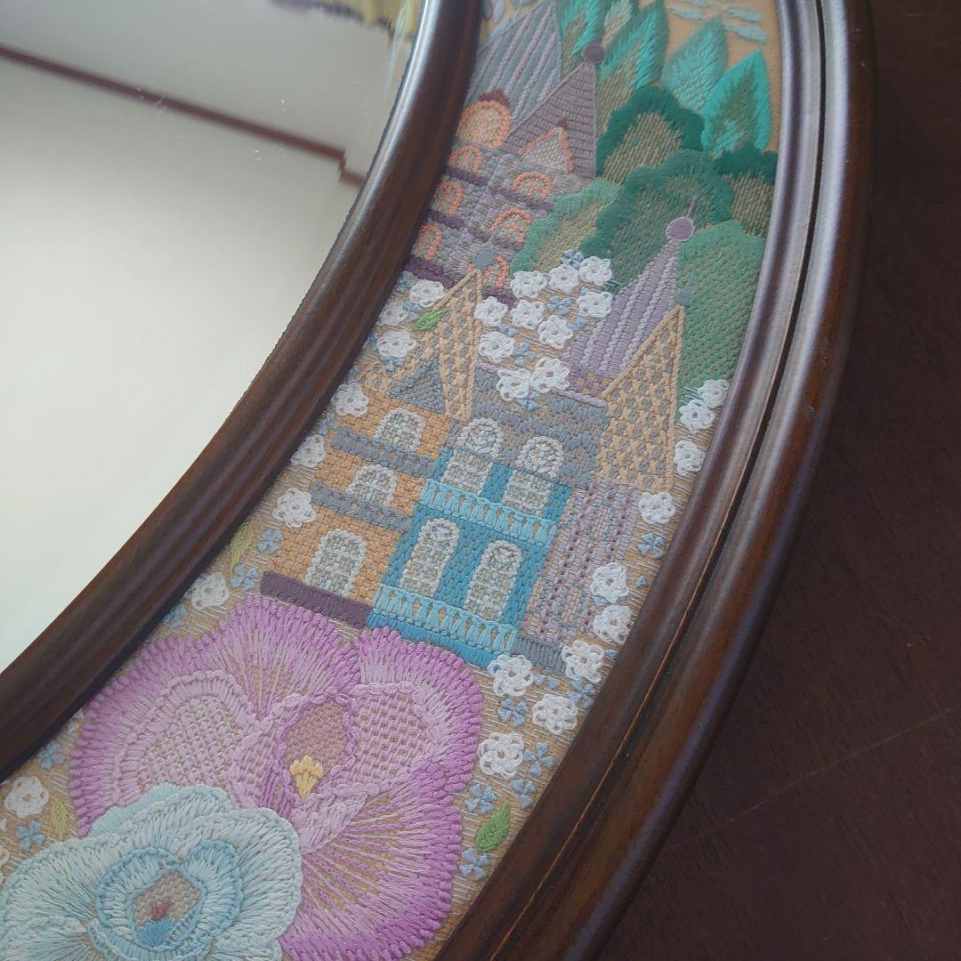 フランス雑貨　鏡　花　刺繍　レース　大型ミラー　木製フレーム　オーバル型