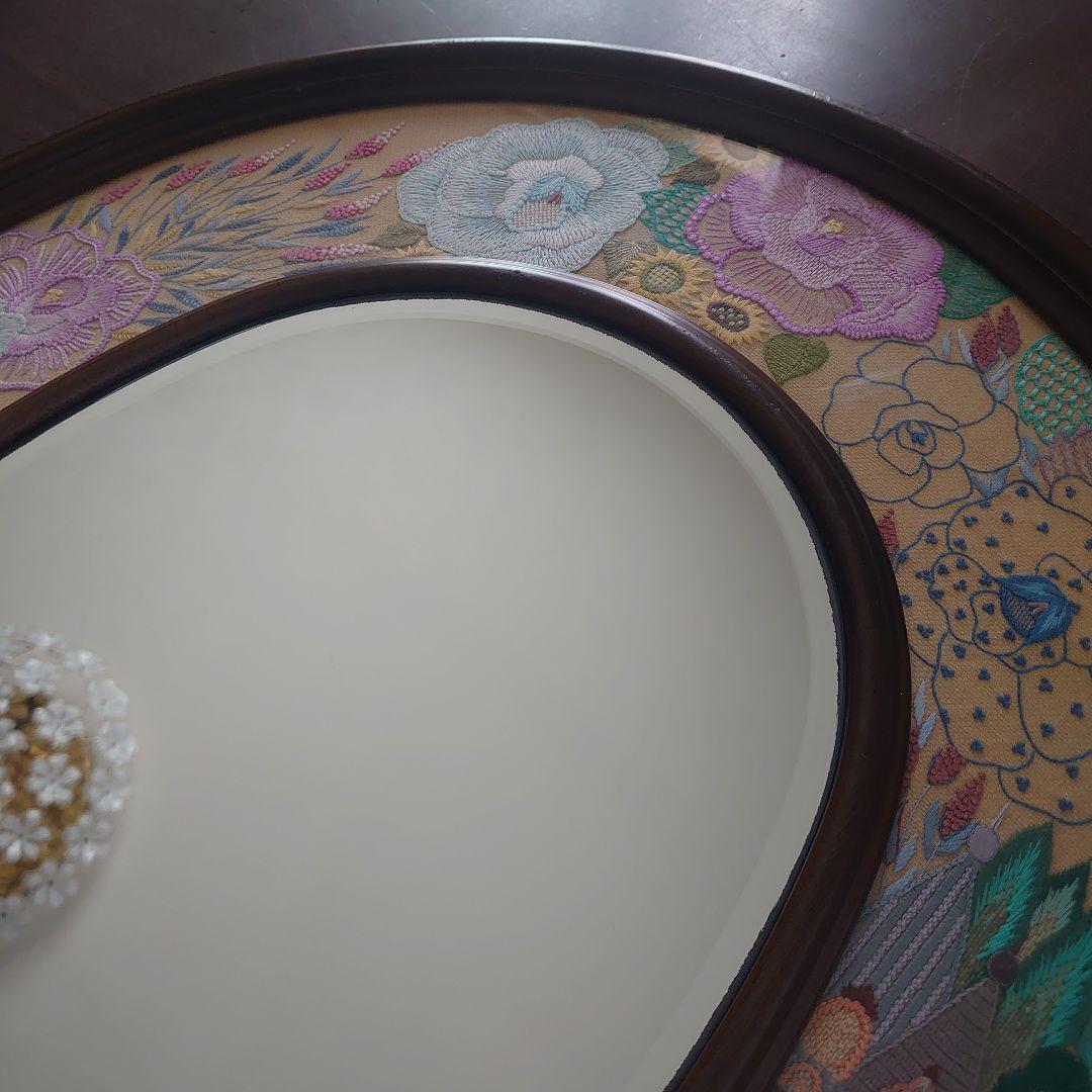 フランス雑貨　鏡　花　刺繍　レース　大型ミラー　木製フレーム　オーバル型