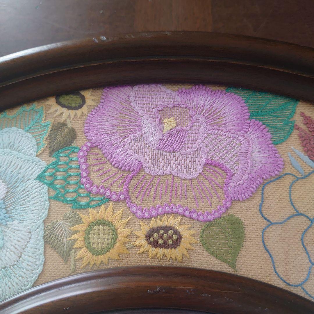 フランス雑貨　鏡　花　刺繍　レース　大型ミラー　木製フレーム　オーバル型