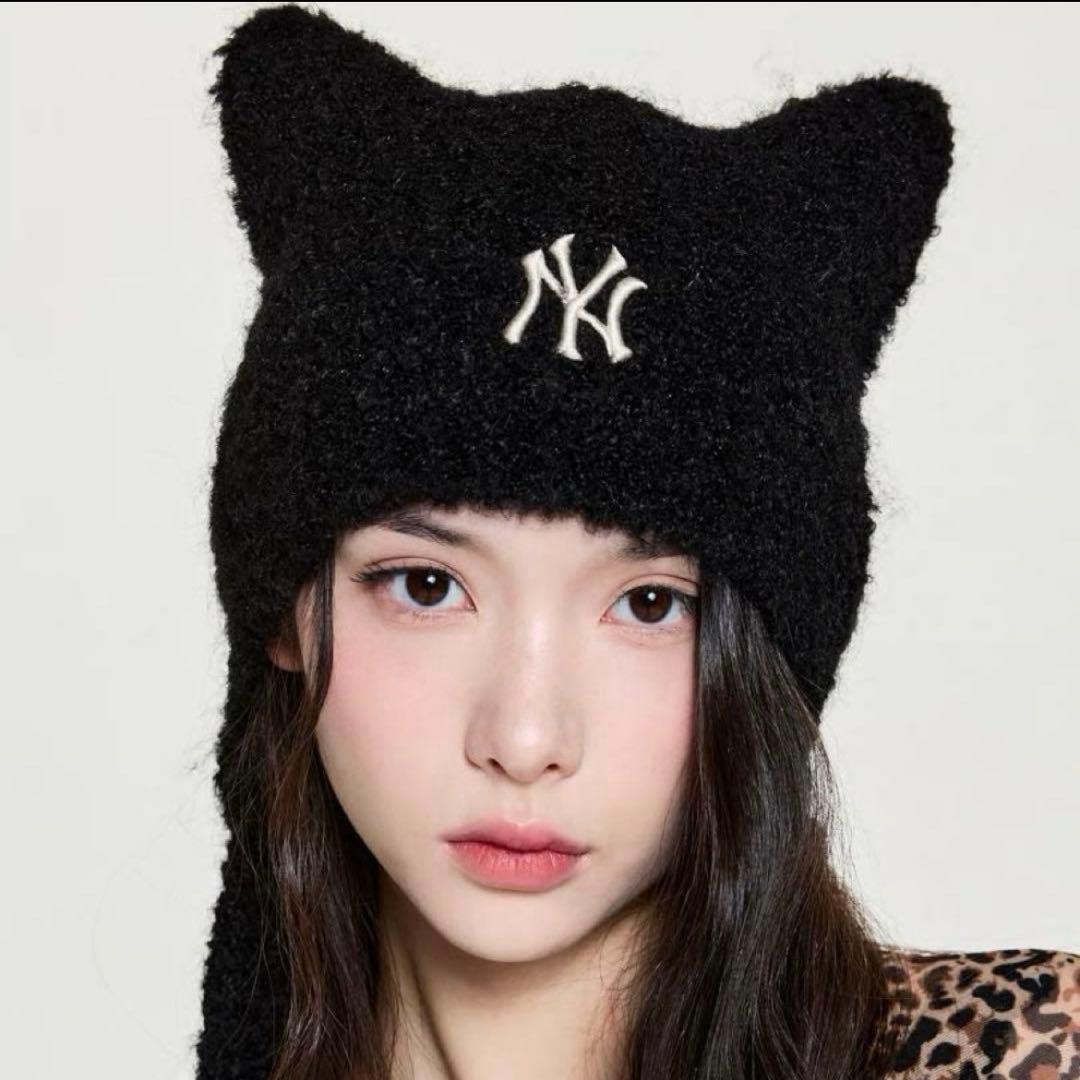 MLB 韓国限定　もこもこ　猫耳　ニット帽　カリナ着用　黒　紐付き