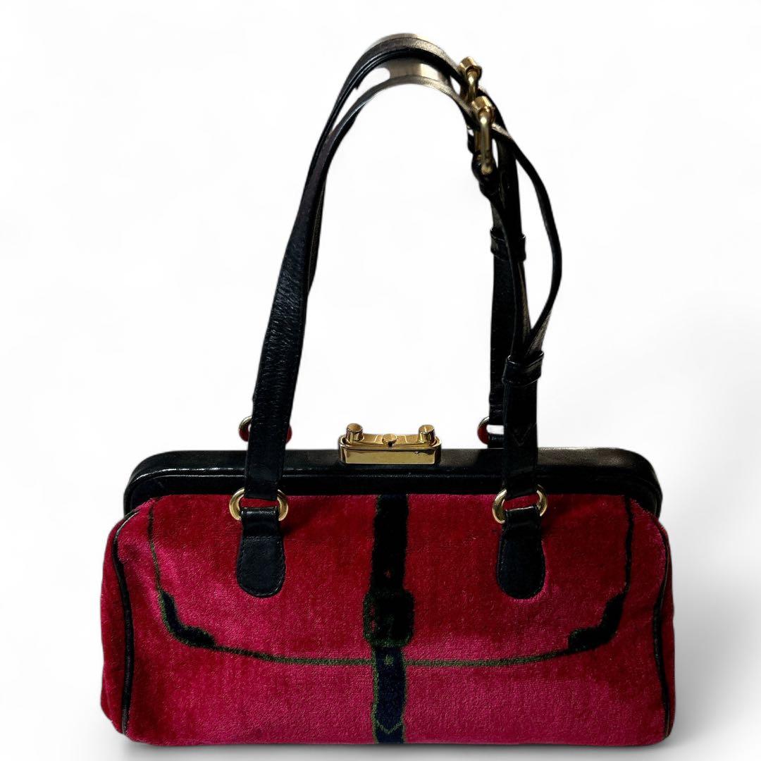 ロベルタディカメリーノ 口金　ベルベット 赤 ハンドバッグ　ロゴ　がま口