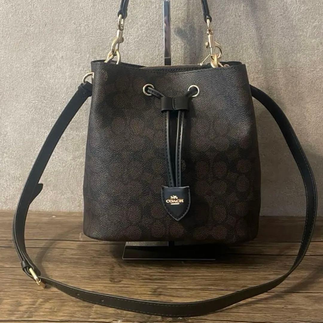 コーチ シグネチャー ローアン バケット バッグ ブラウン キャンバス　@