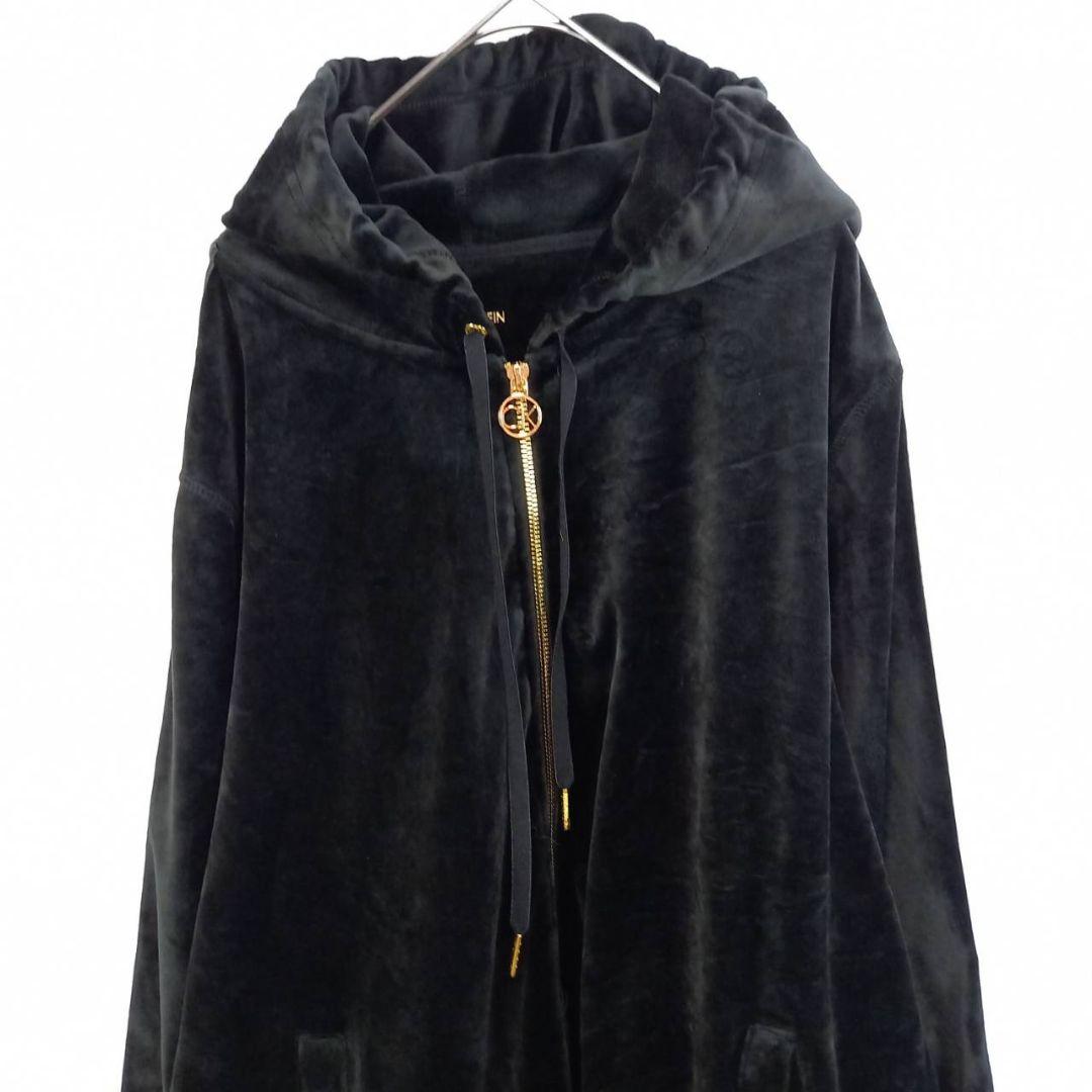 カルバンクライン　CK　ジップ　パーカー　長袖　レザー　ベロア　ロゴ　黒　XL