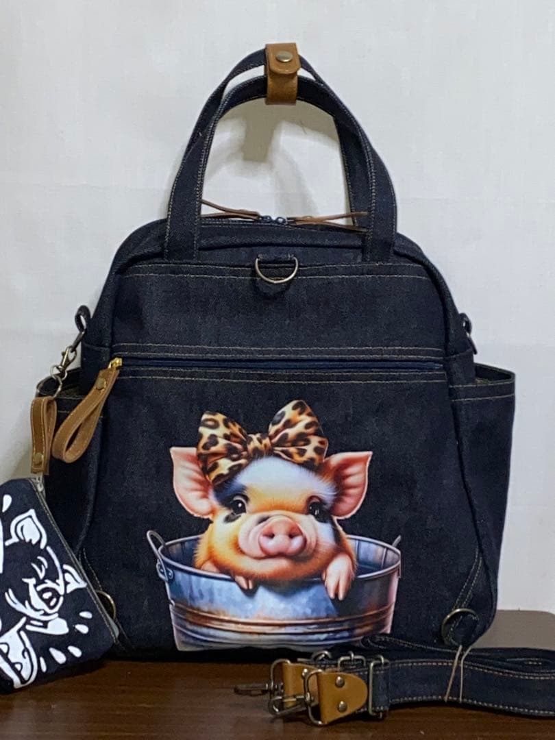 セール☆ハンドメイド☆岡山デニム☆ブタさん☆リュック対応☆4wayボストンバッグ