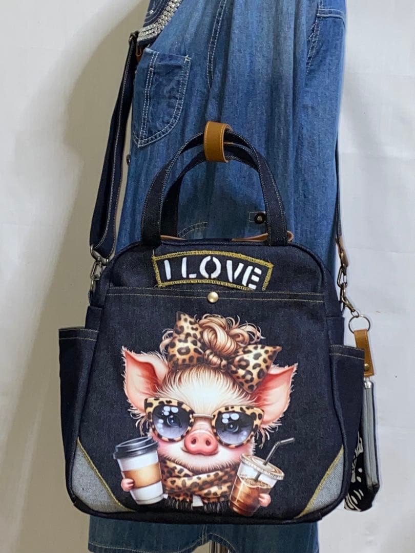 セール☆ハンドメイド☆岡山デニム☆ブタさん☆リュック対応☆4wayボストンバッグ