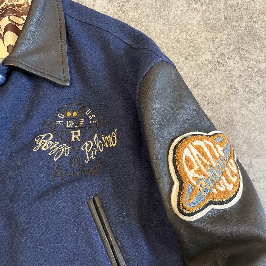 ROZZO スタジャン 短丈 ワッペン レザー　紺×黒 y2k 古着 アメカジ