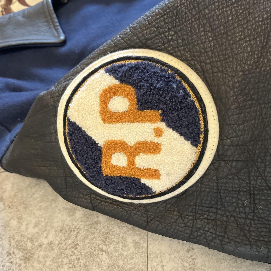 ROZZO スタジャン 短丈 ワッペン レザー　紺×黒 y2k 古着 アメカジ