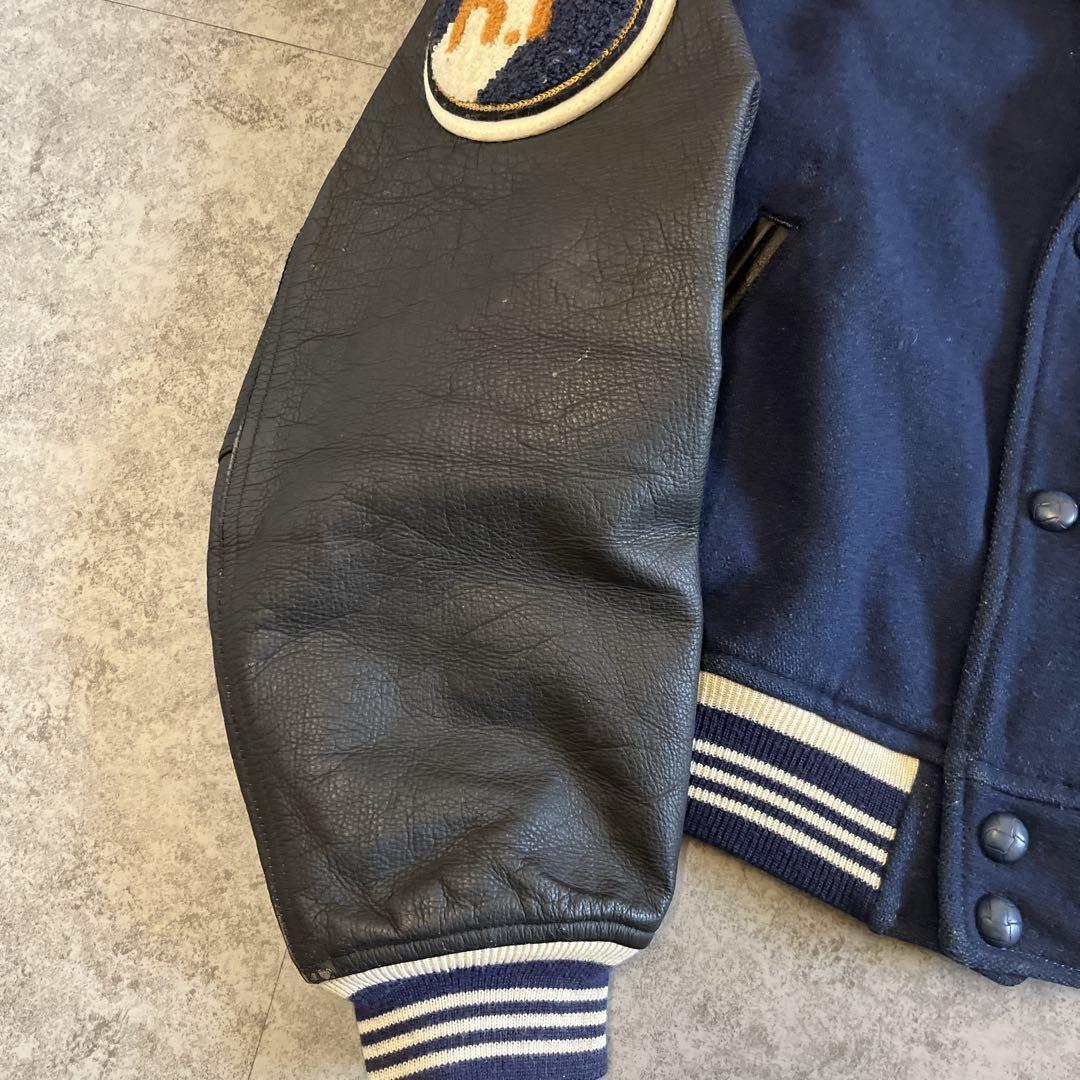 ROZZO スタジャン 短丈 ワッペン レザー　紺×黒 y2k 古着 アメカジ