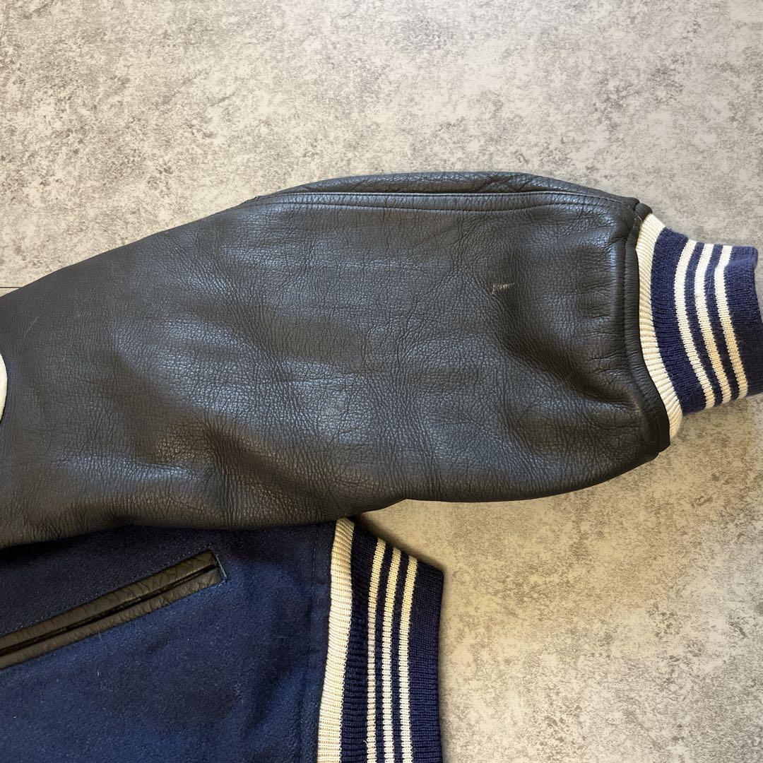 ROZZO スタジャン 短丈 ワッペン レザー　紺×黒 y2k 古着 アメカジ