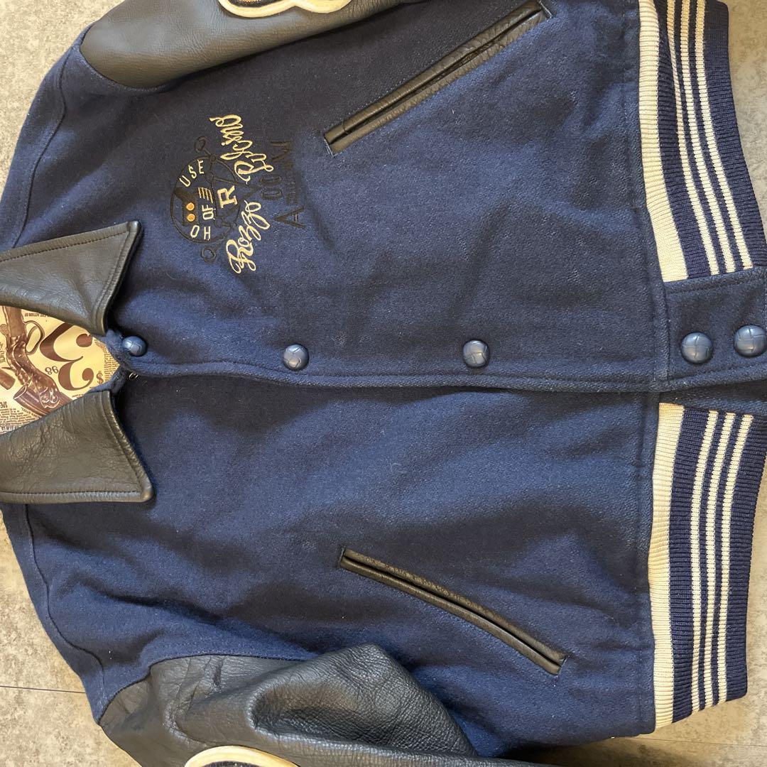 ROZZO スタジャン 短丈 ワッペン レザー　紺×黒 y2k 古着 アメカジ