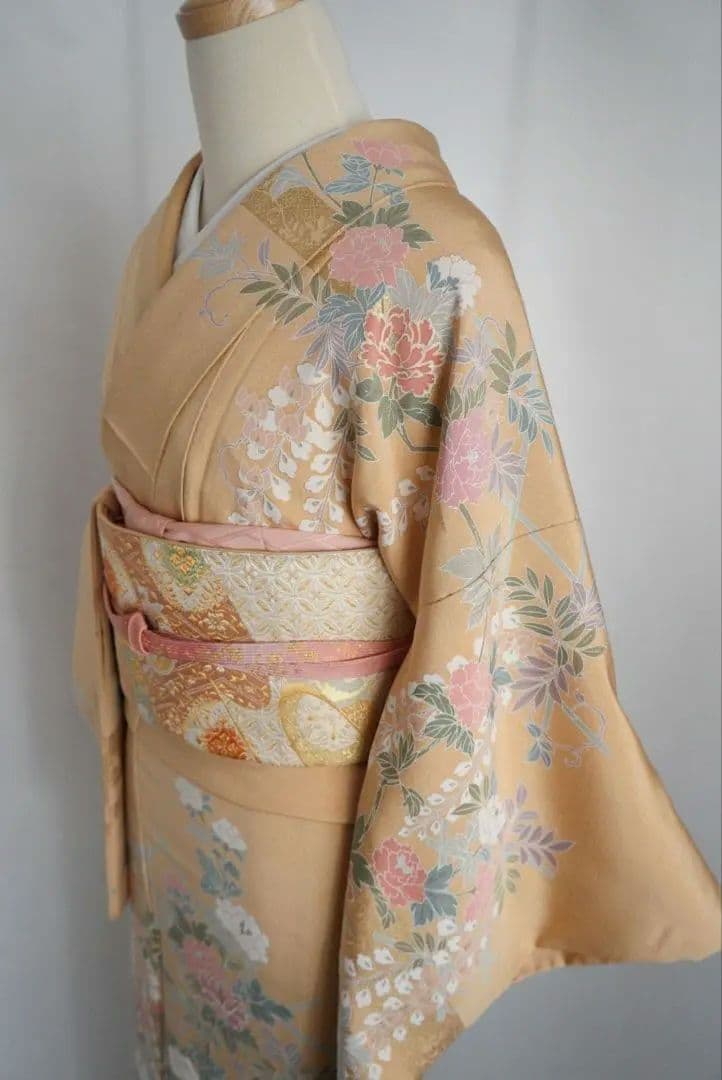 裄丈66.5cm ベージュ訪問着コーディネートフルセット 入学式など 正絹 袷