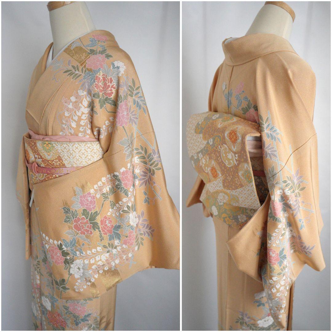 裄丈66.5cm ベージュ訪問着コーディネートフルセット 入学式など 正絹 袷