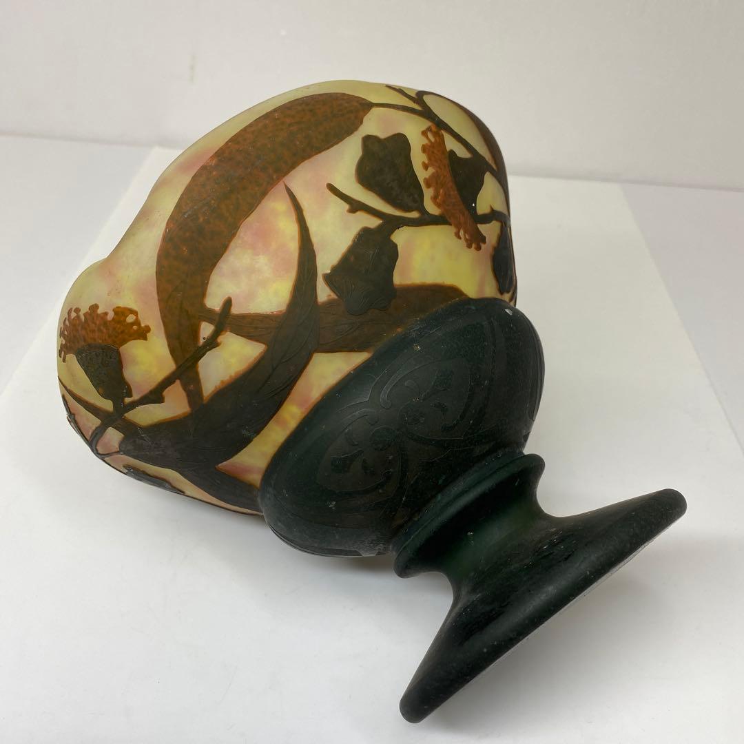 19世紀　ドームナンシー　異色ガラス溶込酸化腐食彫花瓶　東さ7-0130☆2F