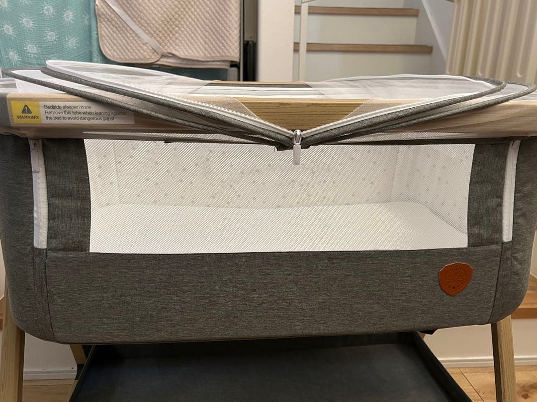 【美品】HZDMJ ベビーベッド グレー ゆりかご機能あり ※日本製マット付き