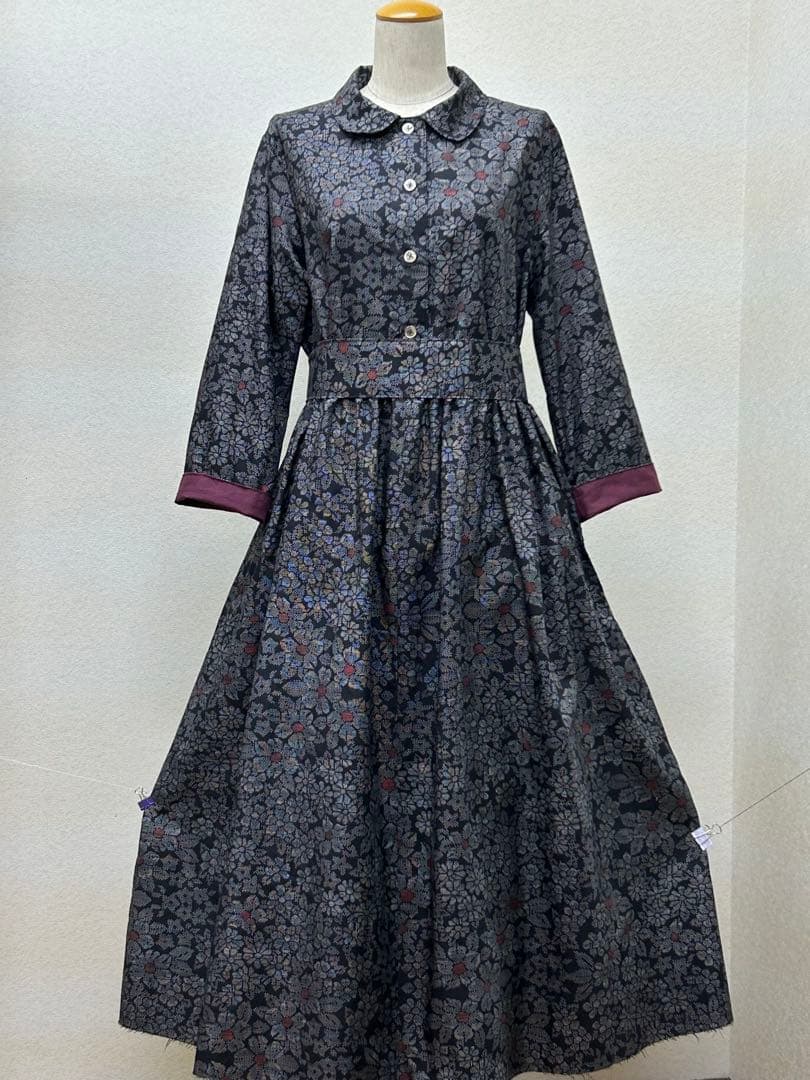 着物リメイク　大島紬ワンピース　前ボタン　 Lサイズ