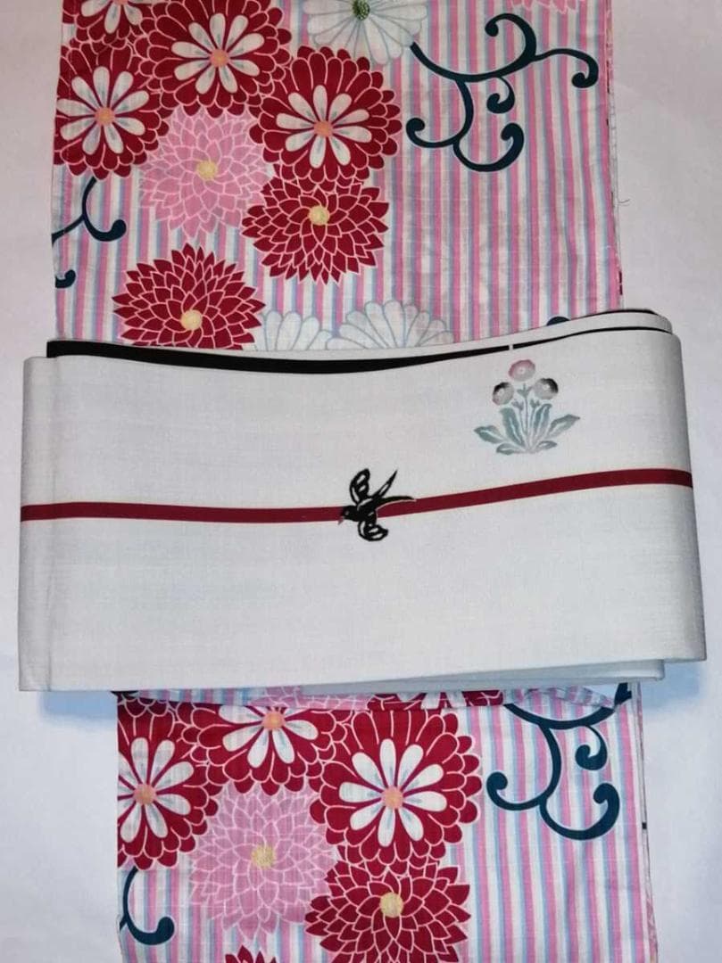 ★un deuxブランド浴衣★ピンク白縦縞.古典菊レトロ柄★ふりふ