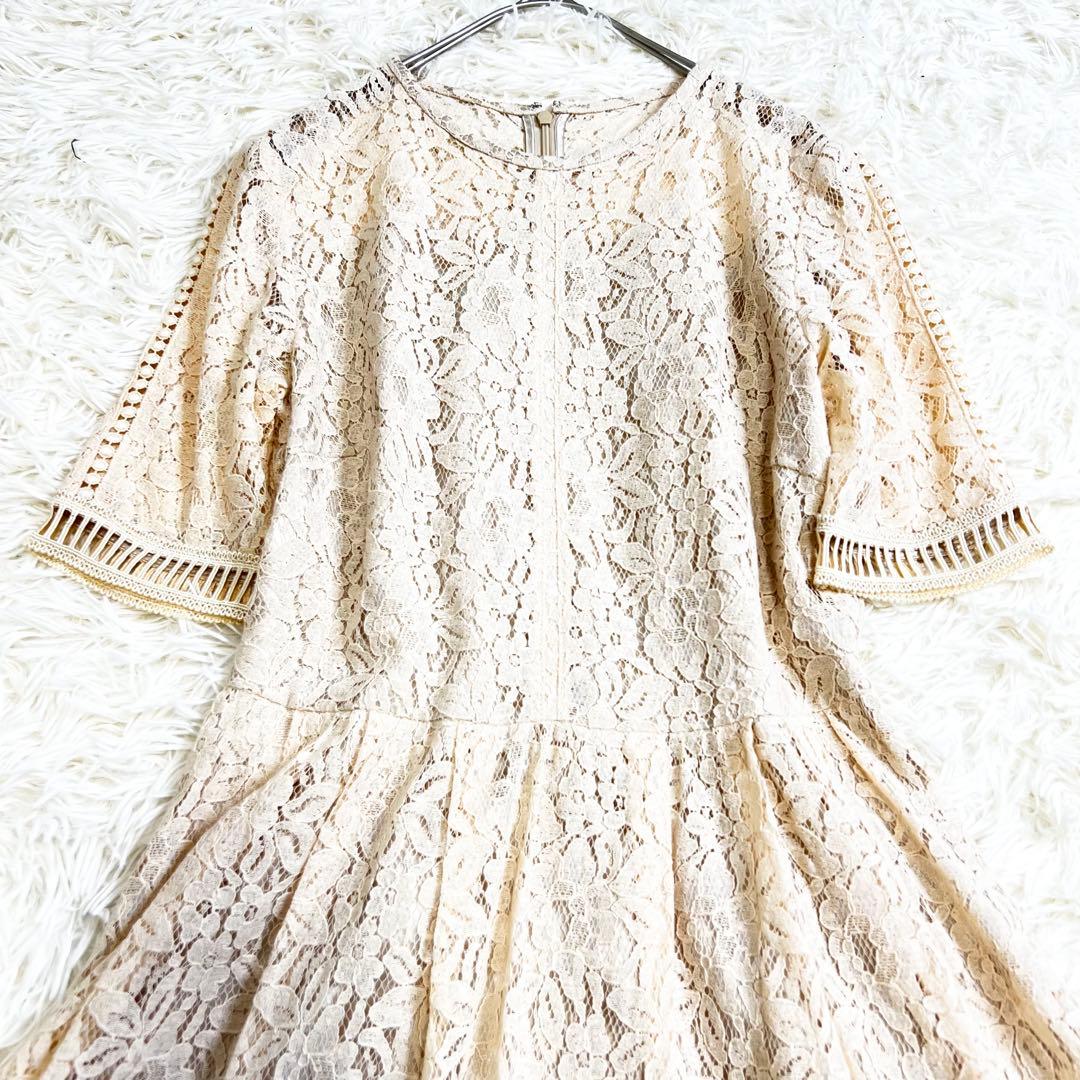 美品✨セルフォード 総レース ロングワンピース 花柄 フレア 半袖 ベージュ