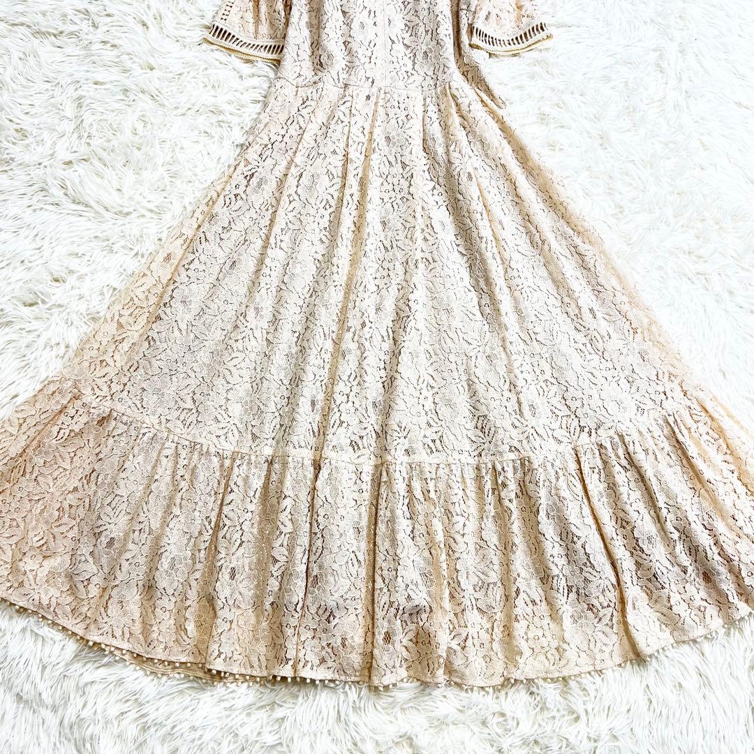 美品✨セルフォード 総レース ロングワンピース 花柄 フレア 半袖 ベージュ