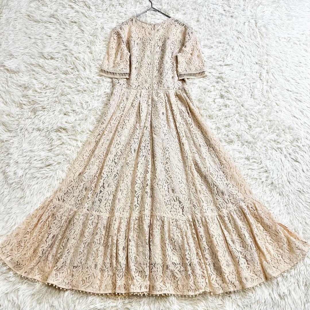 美品✨セルフォード 総レース ロングワンピース 花柄 フレア 半袖 ベージュ