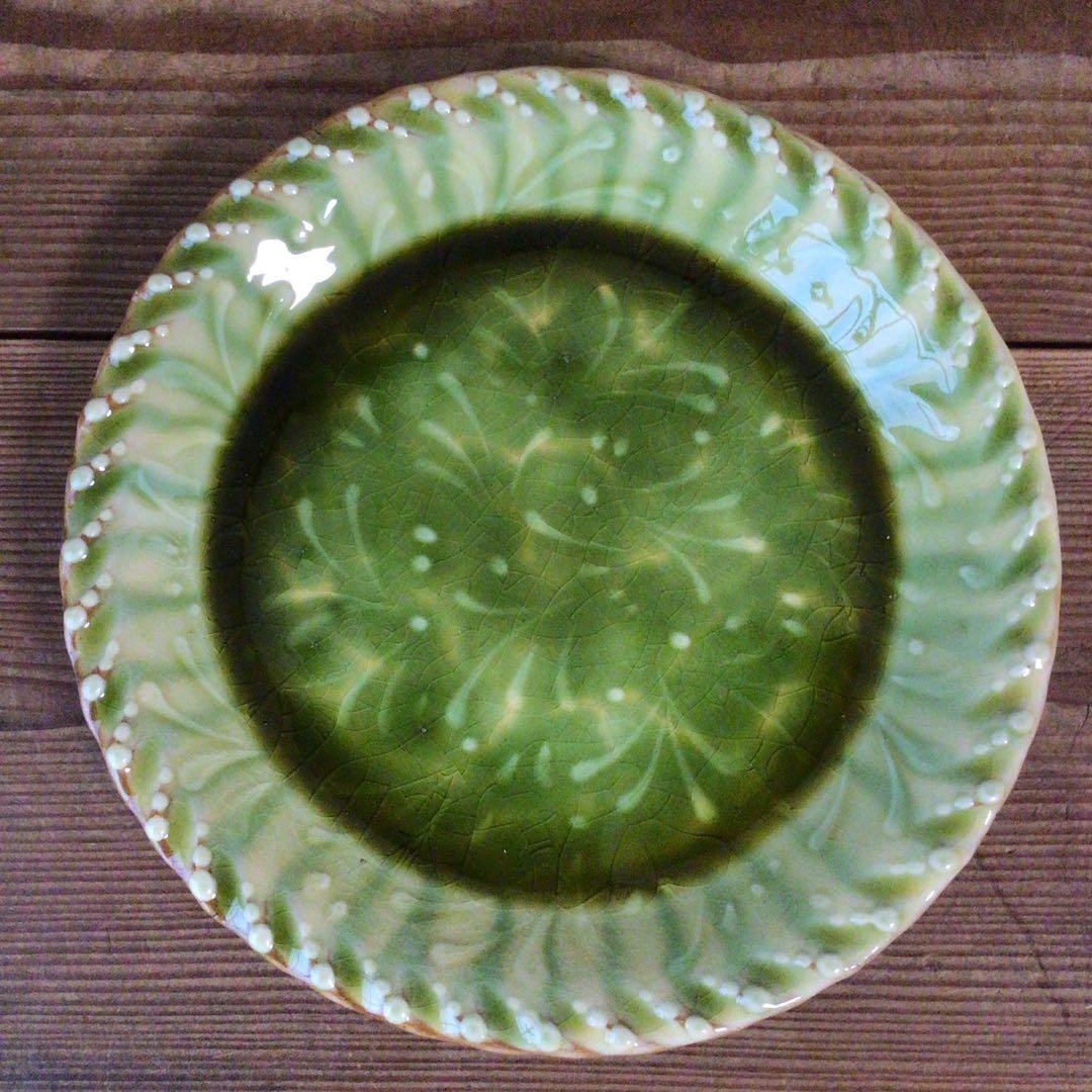 No4975 布志名焼　船木伸児　緑釉丸皿　共箱/栞付　島根県　民藝　送料無料