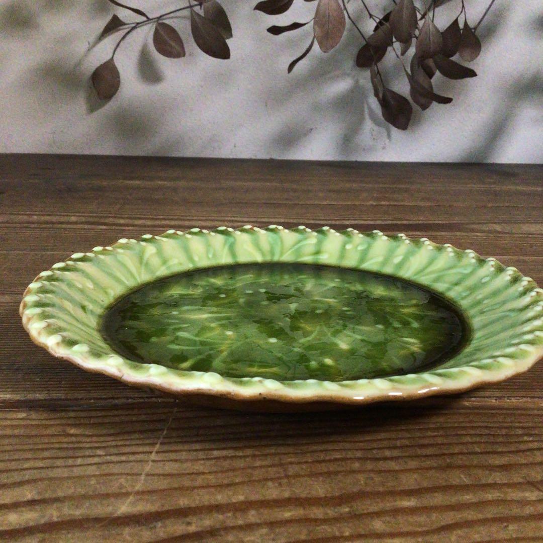 No4975 布志名焼　船木伸児　緑釉丸皿　共箱/栞付　島根県　民藝　送料無料