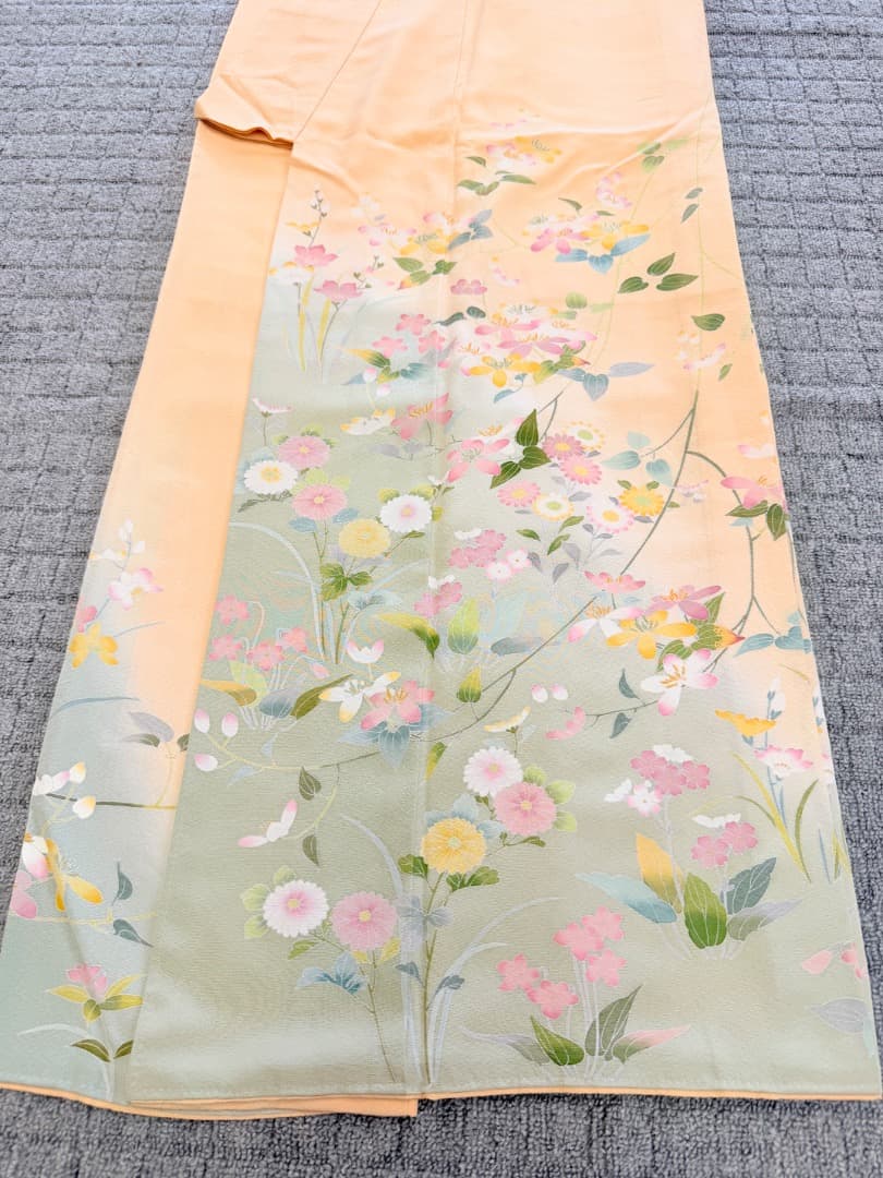 高級 訪問着 正絹 袷 加賀友禅 落款入り 薄オレンジ色 染め分け 約80万円